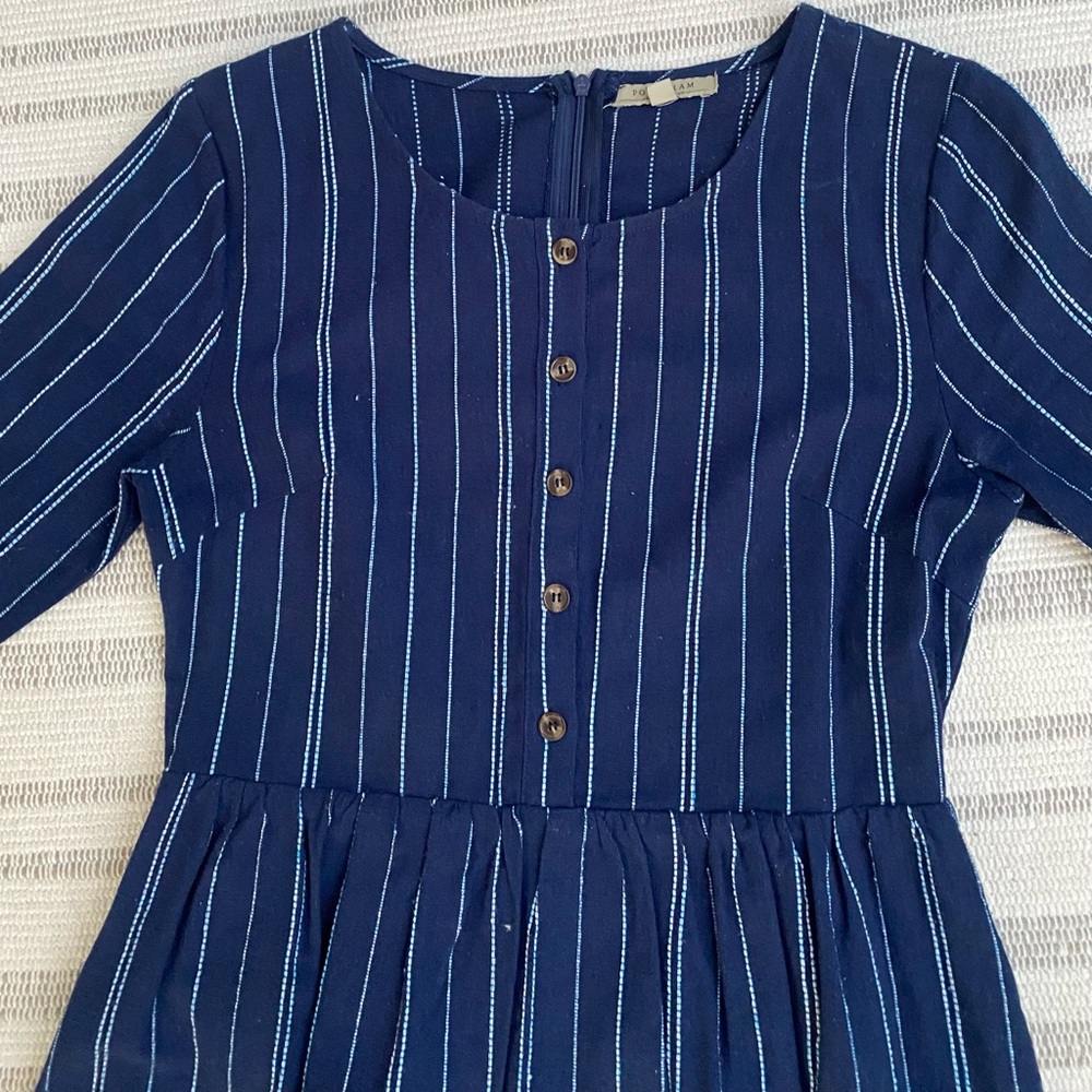 Roolee Navy Blue Striped Button-Front Midi Dress